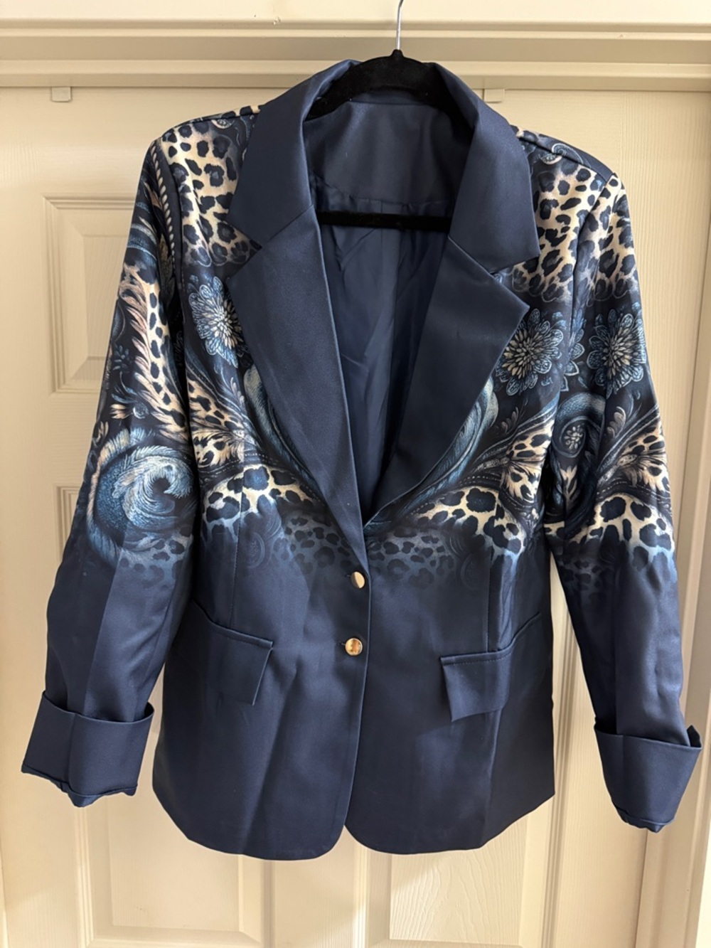 Women's Blue Printed Satin Blazer with Gold Buttons